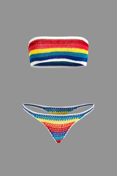 Gökkuşağı Desenli Şeritli Tığ İşi Bikini Takımı - JUNETTI®