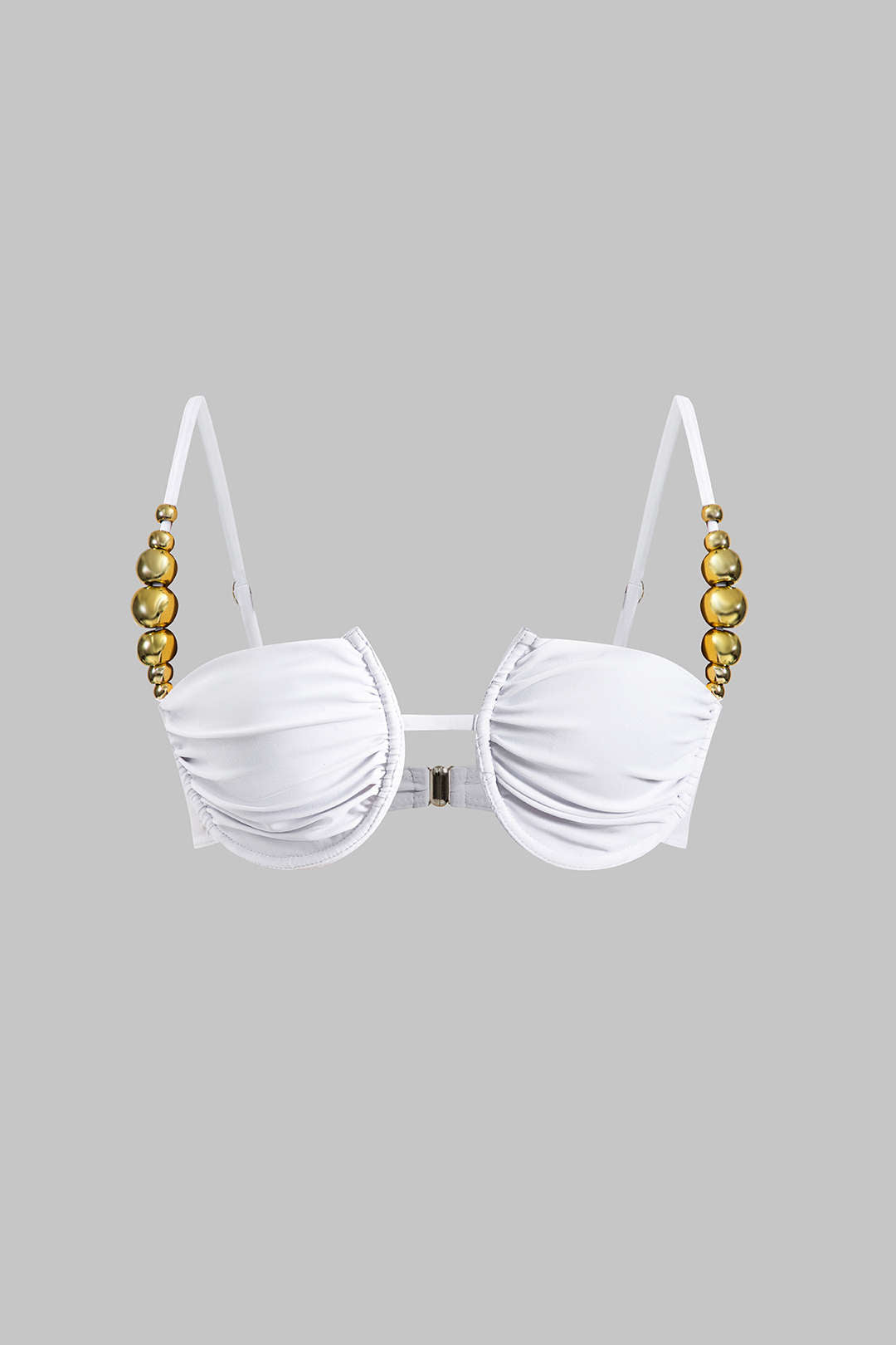 Boncuk Detaylı Büzgülü Düğme Bağlamalı Sırt Dekolteli Bikini Takımı - JUNETTI®