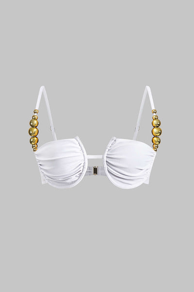 Boncuk Detaylı Büzgülü Düğme Bağlamalı Sırt Dekolteli Bikini Takımı - JUNETTI®