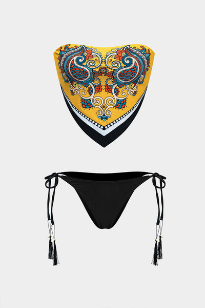 Desenli Kontrast Renk Bloklu Bağlamalı Bikini Takımı - JUNETTI®