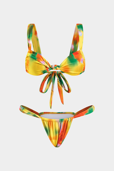 Tie Dye Desenli Büzgülü Dönme Kırma Bağlamalı Bikini Takımı - JUNETTI®