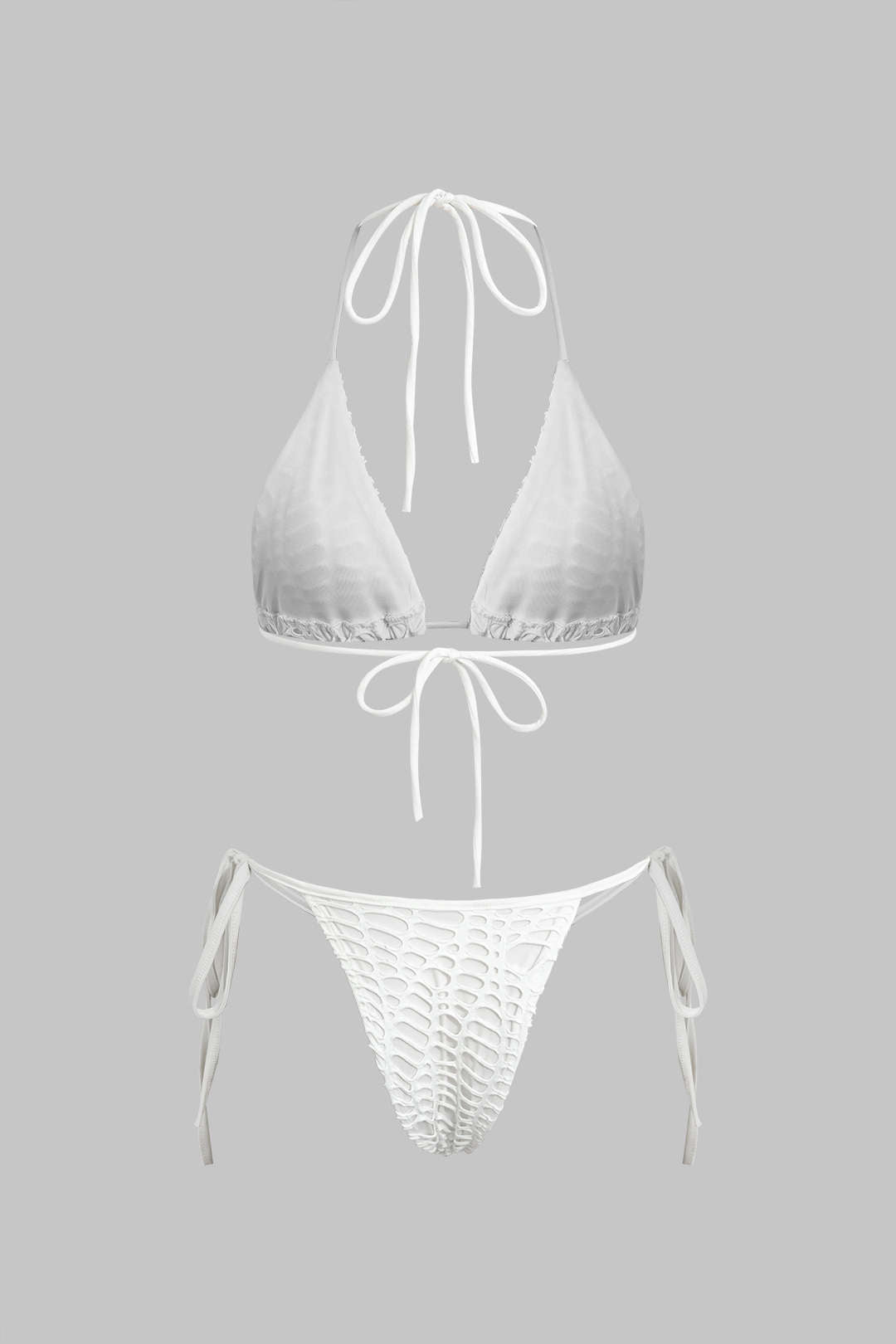 Dokulu Halter Yaka Bikini ve Açık Örgü Pareo Takımı - JUNETTI®