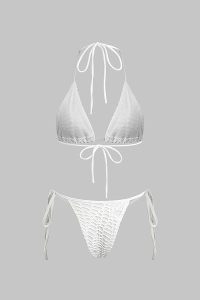 Dokulu Halter Yaka Bikini ve Açık Örgü Pareo Takımı - JUNETTI®