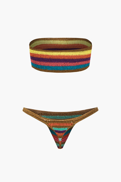 Gökkuşağı Desenli Şeritli Tığ İşi Bikini Takımı - JUNETTI®