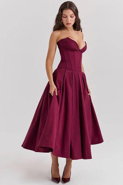 Şarap Strapless Midi Elbise