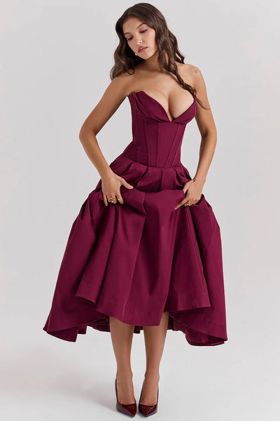 Şarap Strapless Midi Elbise