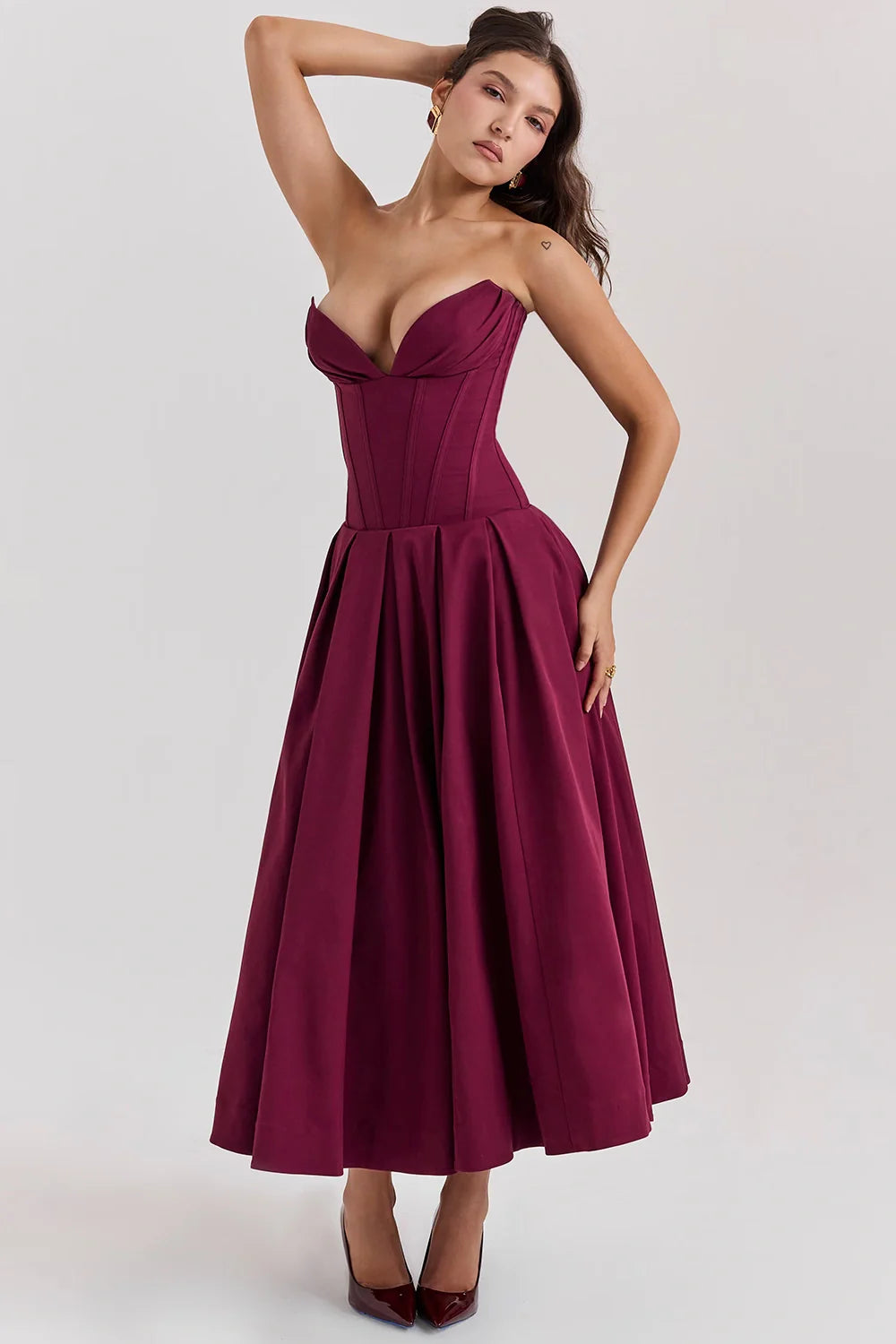Şarap Strapless Midi Elbise