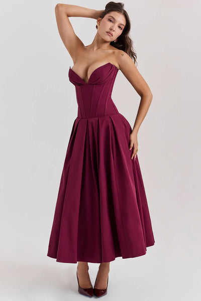 Şarap Strapless Midi Elbise