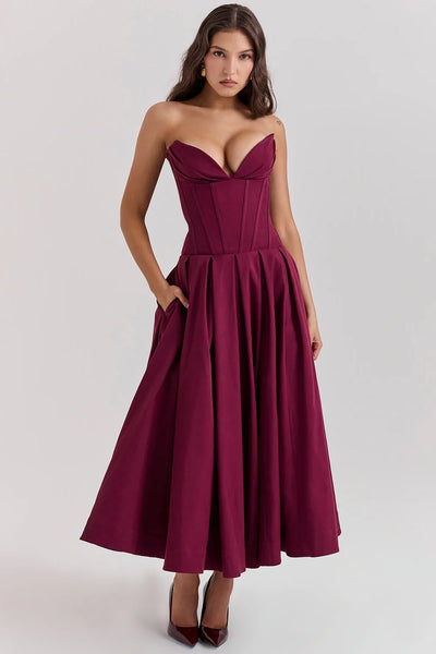 Şarap Strapless Midi Elbise