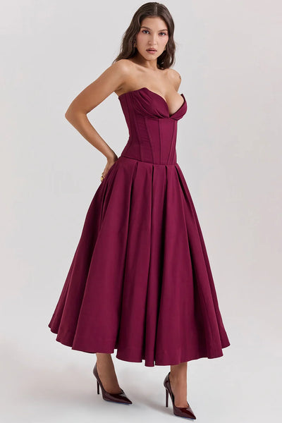 Şarap Strapless Midi Elbise