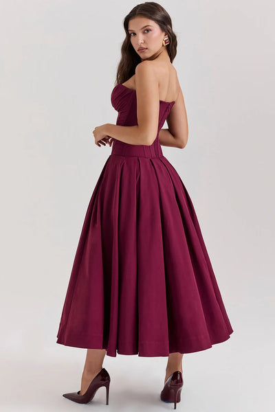 Şarap Strapless Midi Elbise