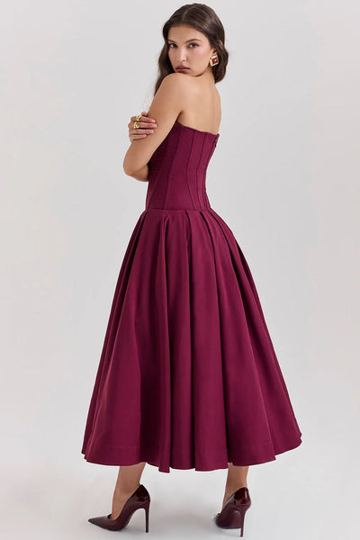 Şarap Strapless Midi Elbise