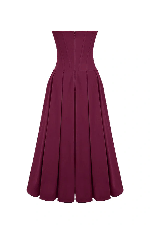 Şarap Strapless Midi Elbise